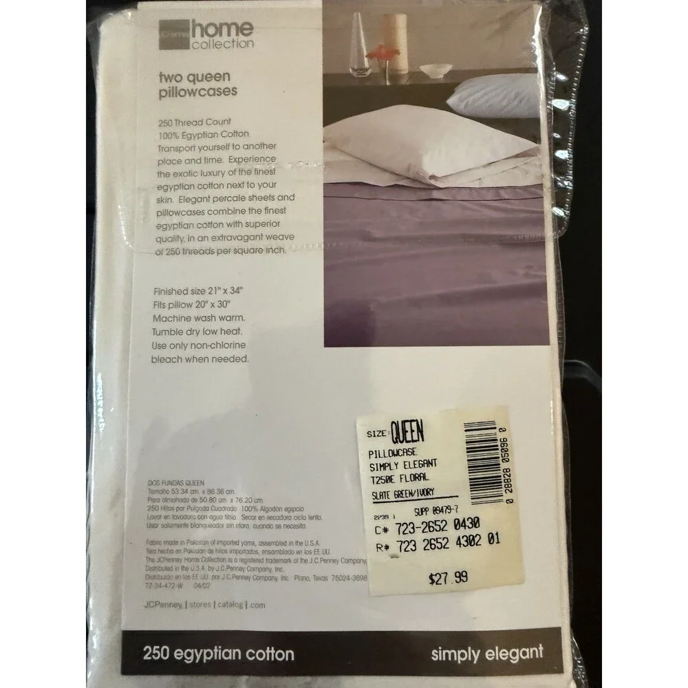 JC Penney Home  2 Queen Size Pillow Cases 250 Egyptian Cotton Slate Green/Ivory - Picture 4 of 5